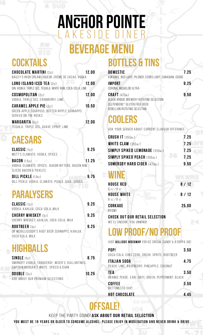 Anchor Pointe beverage menu, source dated 2024. Open full-size image to read all items and prices.