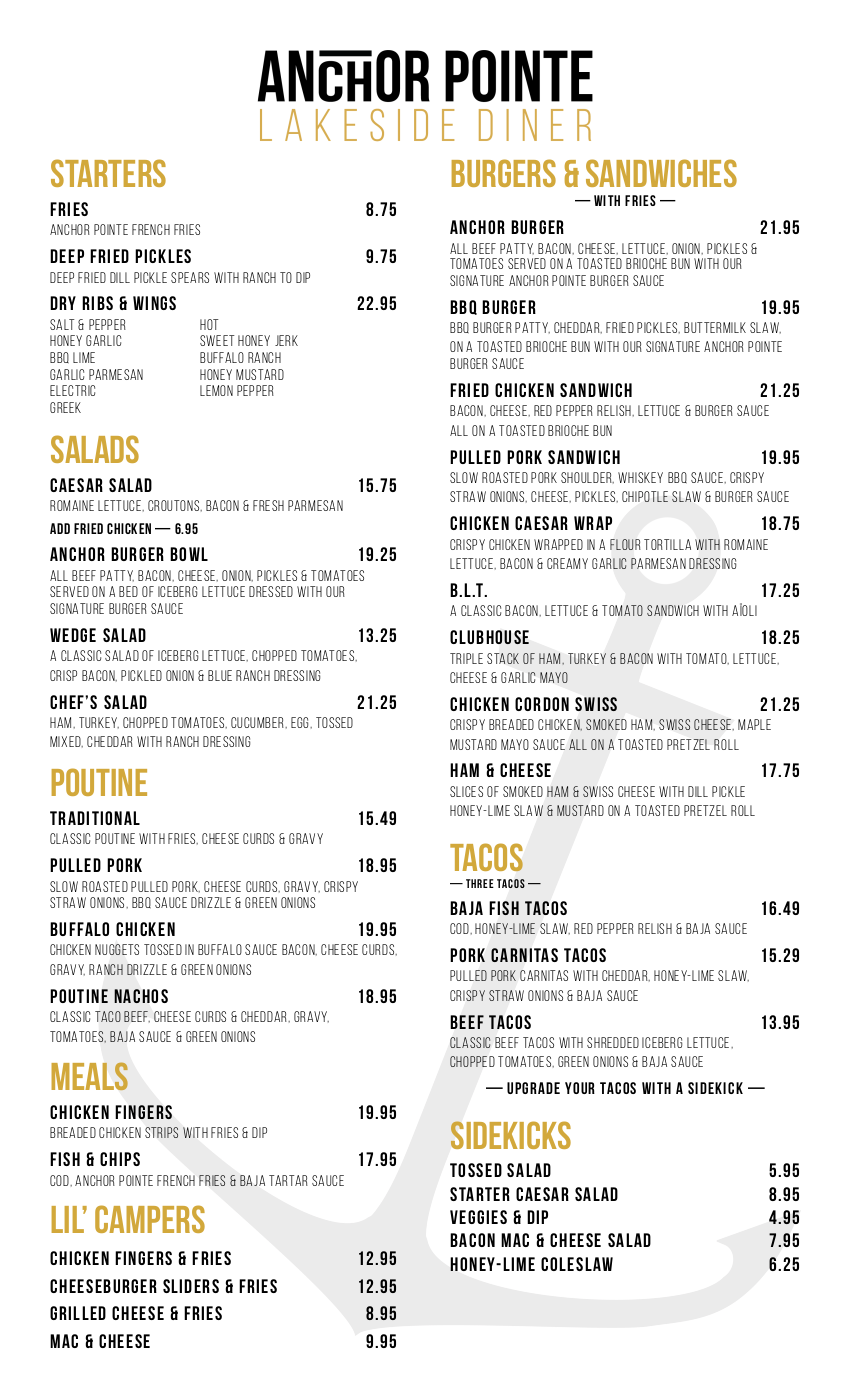 Anchor Pointe food menu, source dated 2024. Open full-size image to read all items and prices.